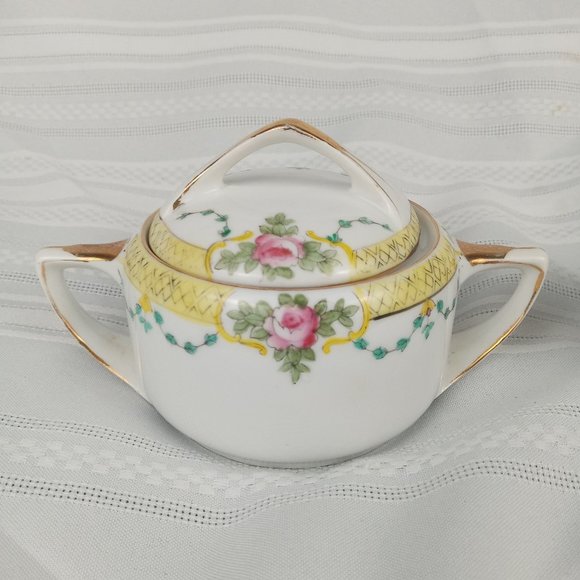Vintage Noritake Morimura Hand Painted Sugar & Creamer Set Pink Rose Vine Yellow - Picture 2 of 10